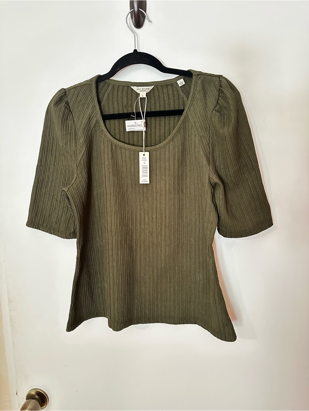 Max Studio Olive Ribbed Scoop Neck Short Sleeve Top